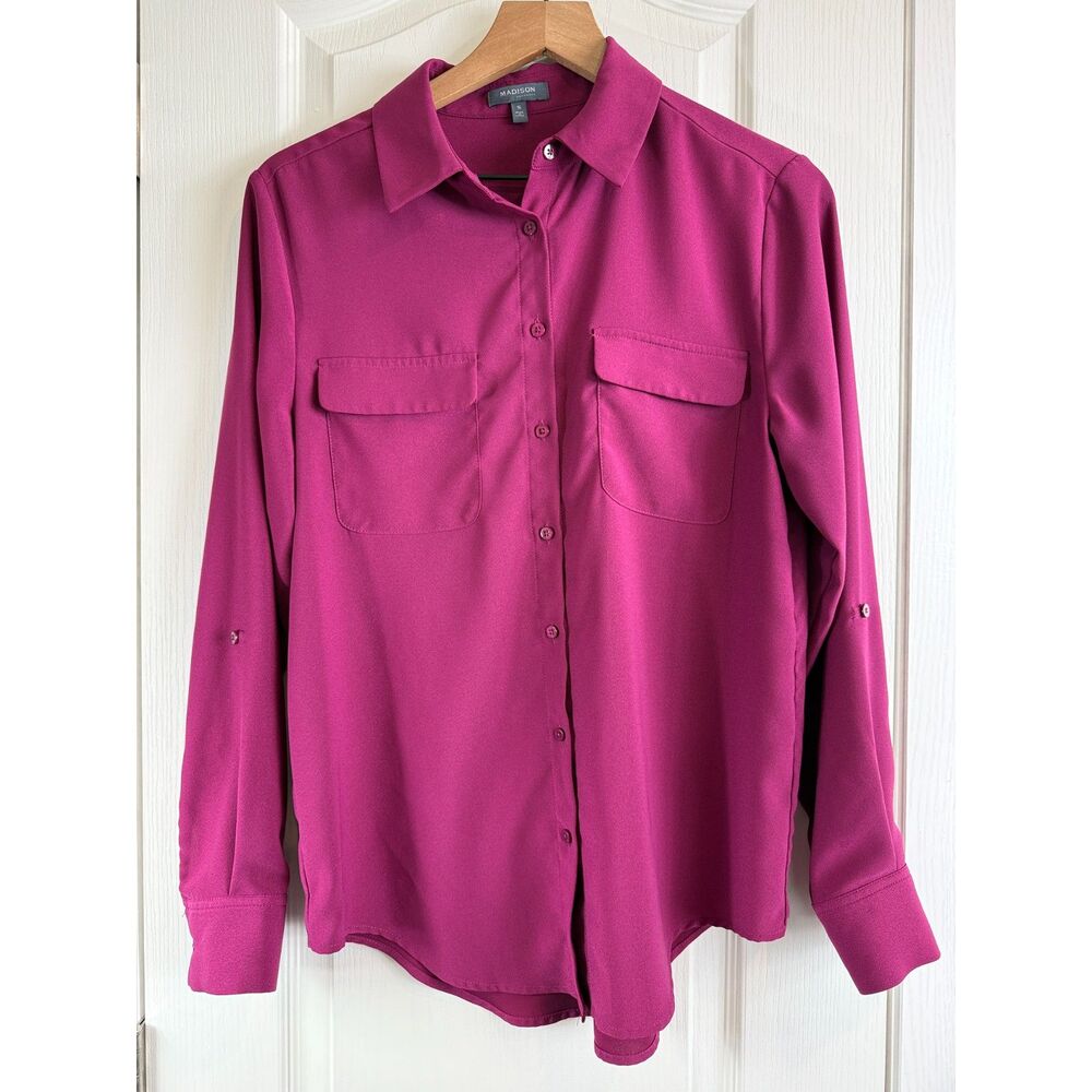 Madison Women's Long Sleeve Button Up Blouse Top Raspberry Polyester Size S
